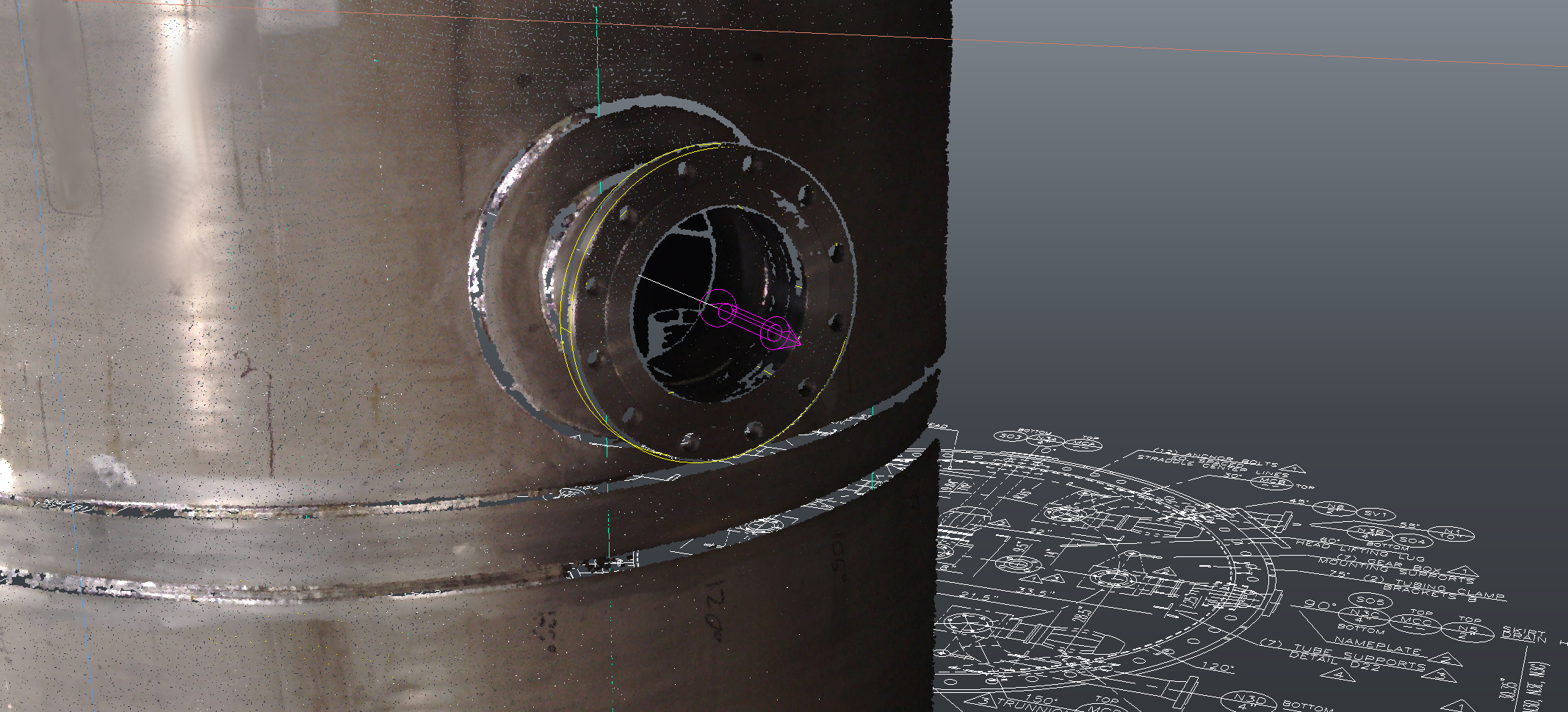 Point cloud of a vessel nozzle flange with fitted measurement axis